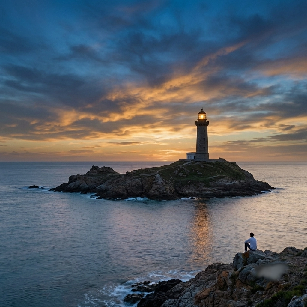Un faro acceso al crepuscolo, simbolo di orientamento e approdo